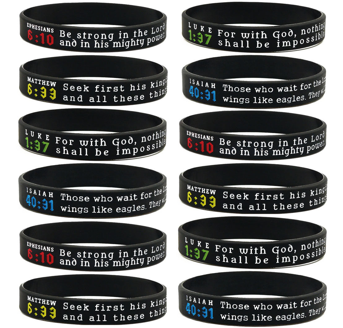 (12-pack) Religious Silicone Bracelets with Bible Verses - Wholesale Church Supplies Bible Study Tools - Inkstone Gifts
