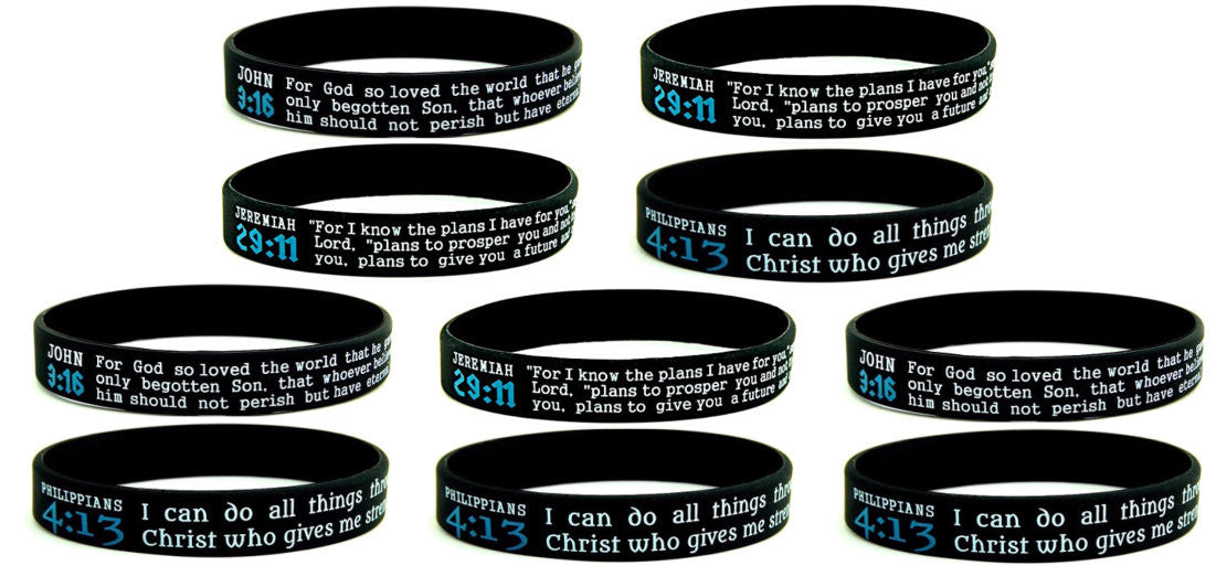 Scripture Silicone Bracelets, Bulk 10-Pack - Jeremiah 29:11, John 3:16, and Philippians 4:13 - Inkstone Gifts