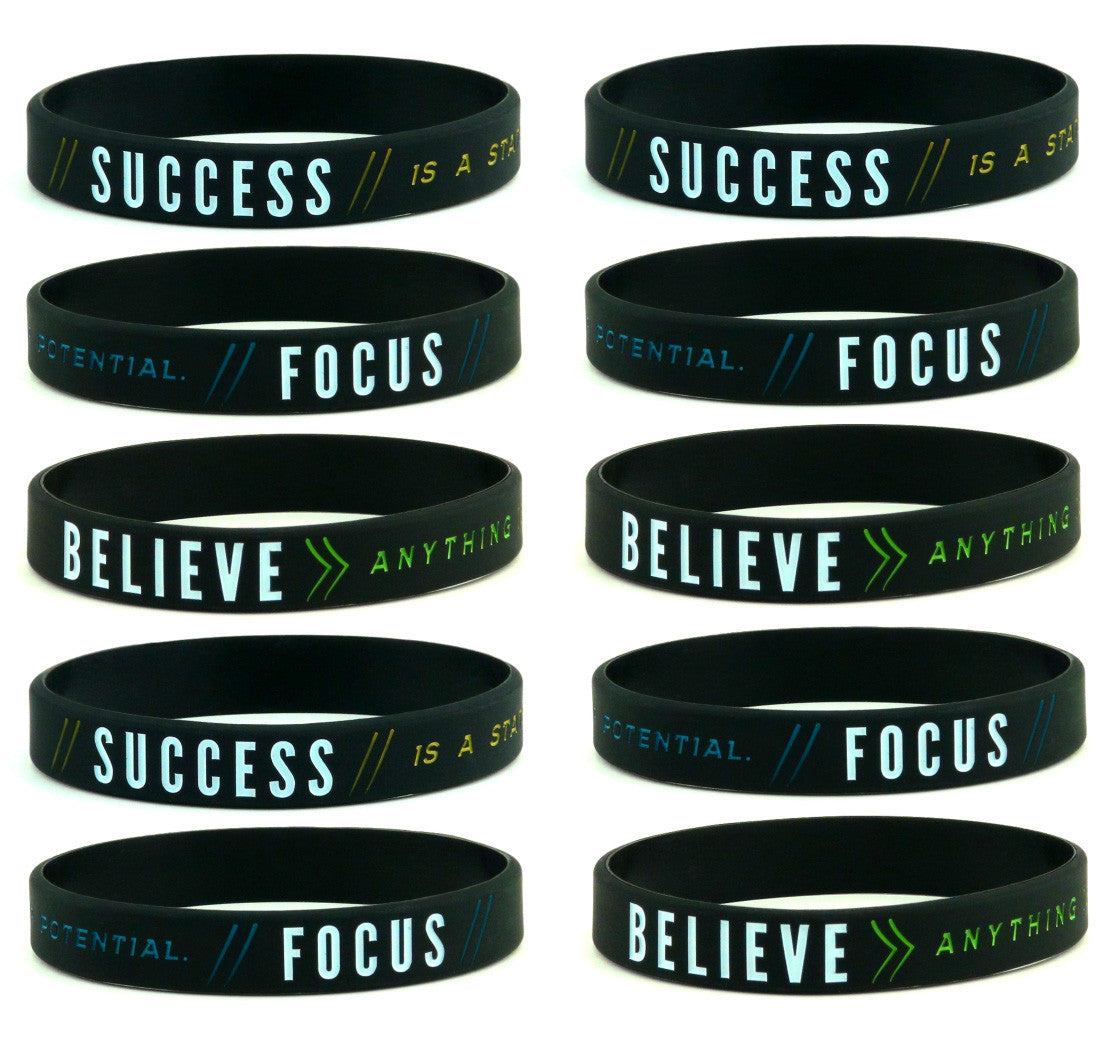 (10-pack) "SUCCESS, FOCUS, & BELIEVE" - Motivational Silicone Rubber Wristbands Bulk Pack - Inkstone Gifts