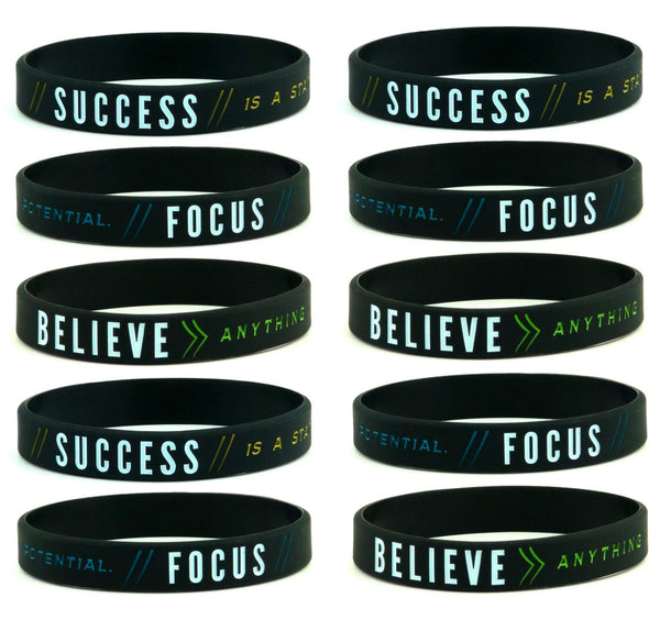 (10-pack) "SUCCESS, FOCUS, & BELIEVE" - Motivational Silicone Rubber Wristbands Bulk Pack - Inkstone Gifts