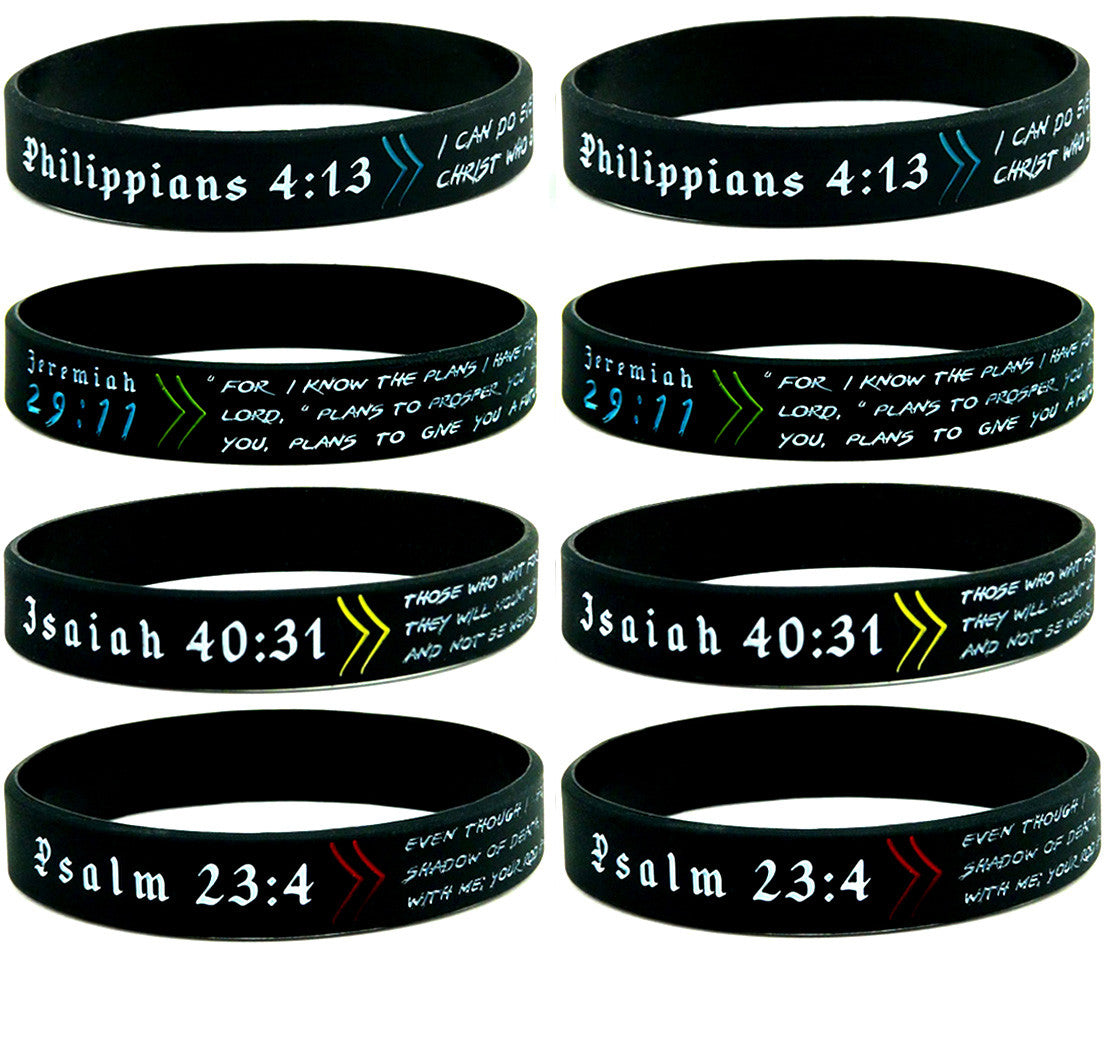 CHRISTIAN WRISTBANDS w/ BIBLE VERSES, BULK 8-PACK - Philippians 4:13, Psalm 23:4, Jeremiah 29:11, & Isaiah 40:31 - Bible Bracelets in Bulk Lot - Unisex Adult Size for Teens Men Women - Inkstone Gifts