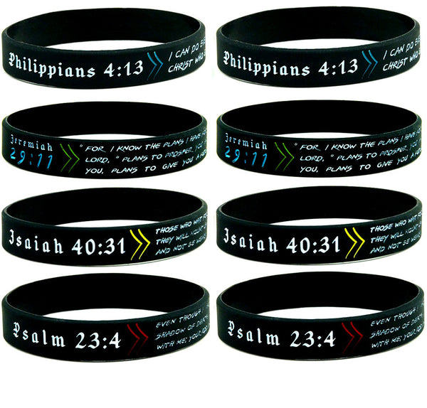 CHRISTIAN WRISTBANDS w/ BIBLE VERSES, BULK 8-PACK - Philippians 4:13, Psalm 23:4, Jeremiah 29:11, & Isaiah 40:31 - Bible Bracelets in Bulk Lot - Unisex Adult Size for Teens Men Women - Inkstone Gifts
