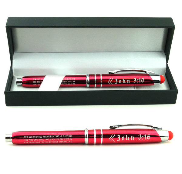 JOHN 3:16 GIFT PEN - Engraved Metal Pen w/ LED Light & Stylus Tip - Christian Gifts for Men Women - Inkstone Gifts