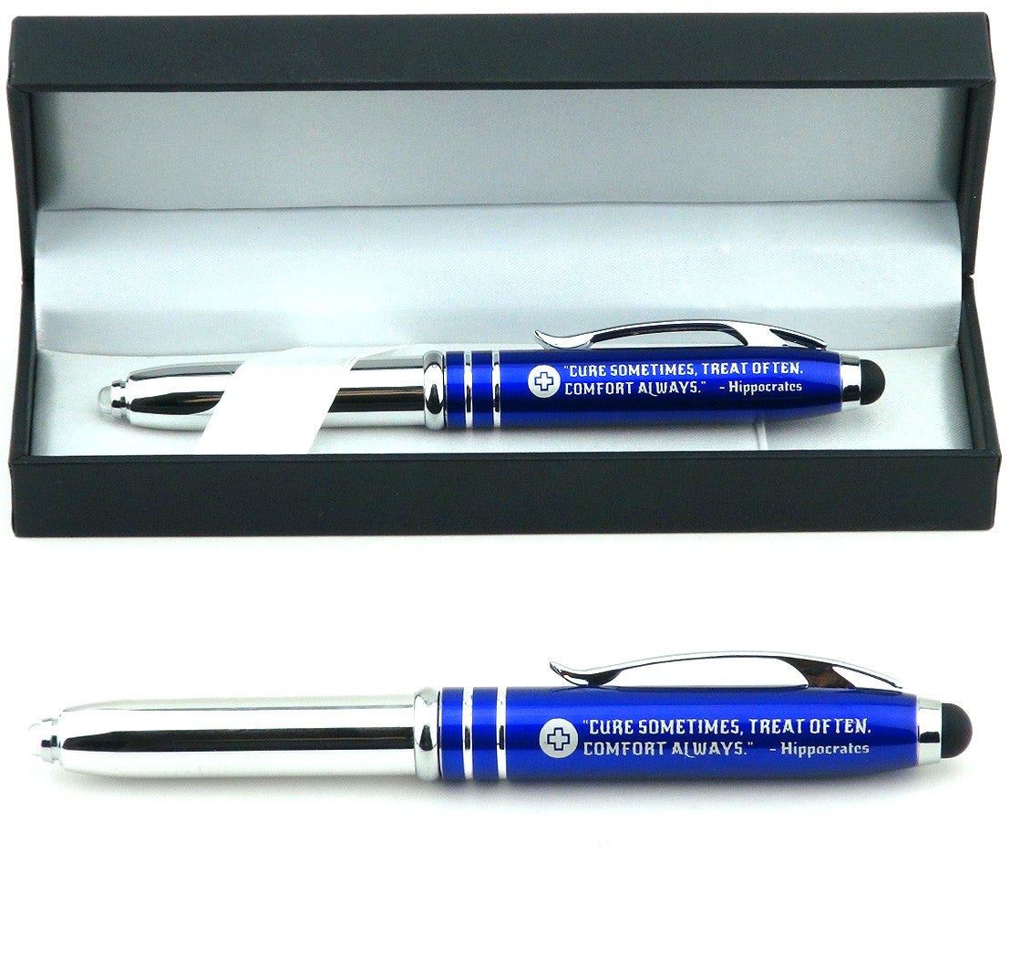 MEDICAL GIFT PEN w/ INSPIRATIONAL QUOTE - "Cure Sometimes, Treat Often, Comfort Always. - Hippocrates" - Engraved Pen w/ Light & Stylus Tip - Gifts Ideas for Doctors Nurses Medical Assistants - Inkstone Gifts
