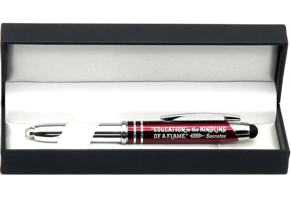 "EDUCATION" GIFT PEN w/ INSPIRATIONAL QUOTE - "Education is the kindling of a flame - Socrates" - Engraved Pen w/ Light & Stylus Tip - Inkstone Gifts